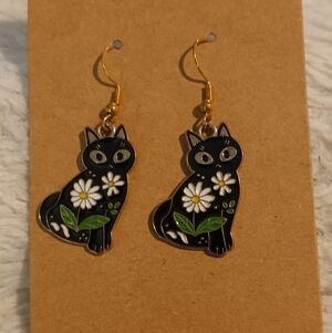 Elegant Black Cat Earrings with Floral Accents
